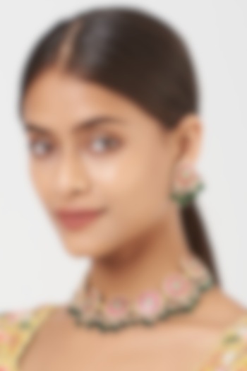 Gold Finish Pachi Kundan Polki Choker Necklace Set by VASTRAA Jewellery at Pernia's Pop Up Shop