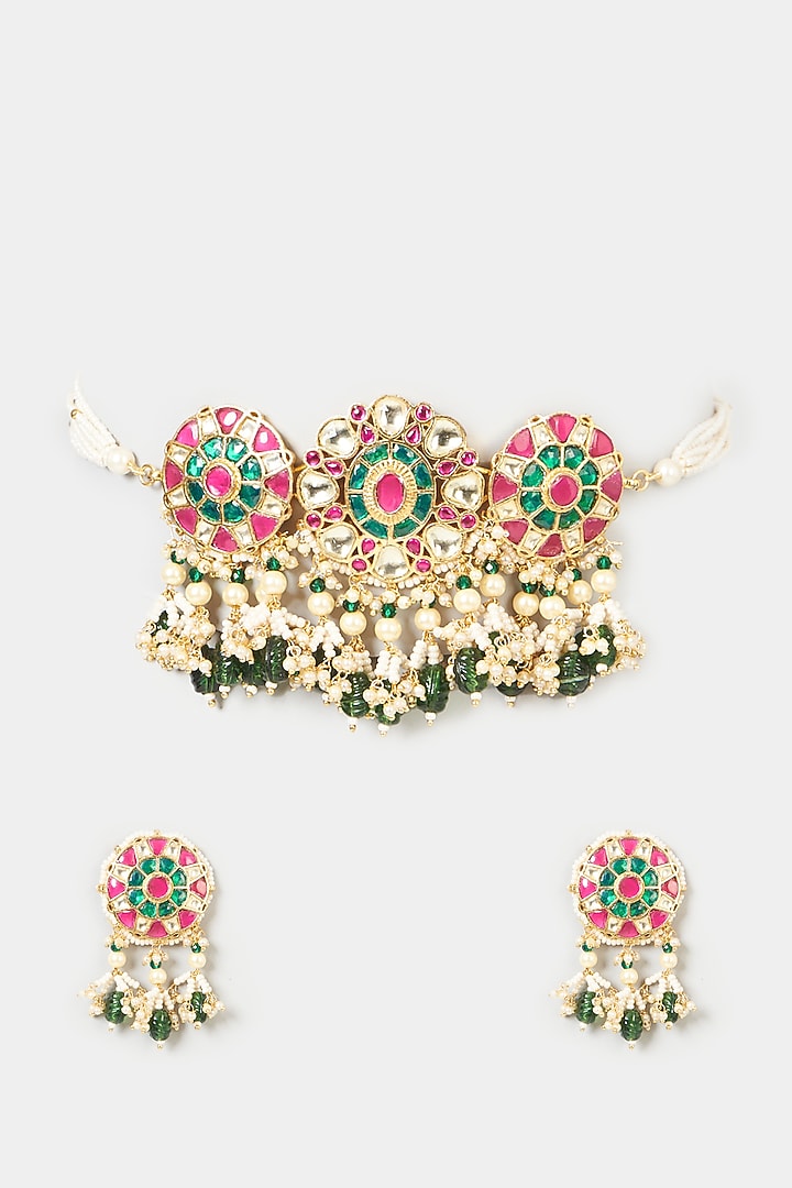 Gold Finish Pachi Kundan Polki & Multi-Colored Stone Choker Necklace Set by VASTRAA Jewellery at Pernia's Pop Up Shop