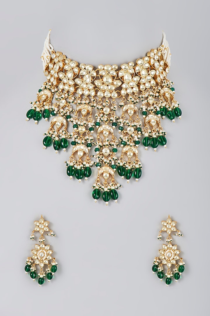 Gold Finish Kundan Polki & Green Drop Choker Necklace Set by VASTRAA Jewellery at Pernia's Pop Up Shop