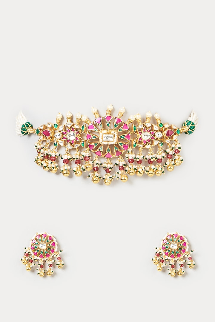 Gold Finish Pachi Kundan Polki & Yellow Stone Choker Necklace Set by VASTRAA Jewellery at Pernia's Pop Up Shop