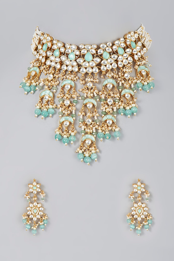 Gold Finish Kundan Polki & Aqua Drop Choker Necklace Set by VASTRAA Jewellery at Pernia's Pop Up Shop
