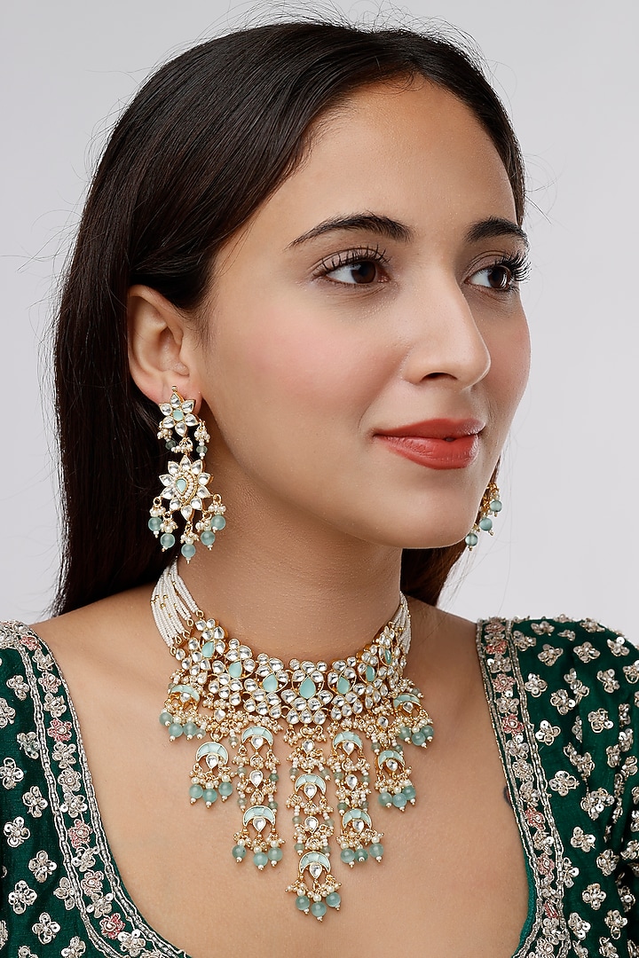 Gold Finish Kundan Polki & Aqua Drop Choker Necklace Set by VASTRAA Jewellery at Pernia's Pop Up Shop