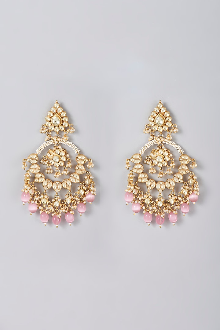 Gold Finish Kundan Polki & Pink Beaded Dangler Earrings by VASTRAA Jewellery at Pernia's Pop Up Shop