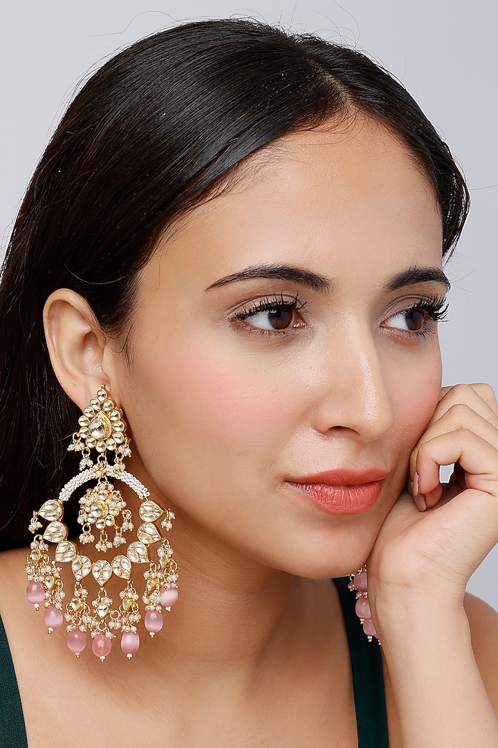 Gold Finish Kundan Polki & Pink Beaded Dangler Earrings by VASTRAA Jewellery at Pernia's Pop Up Shop