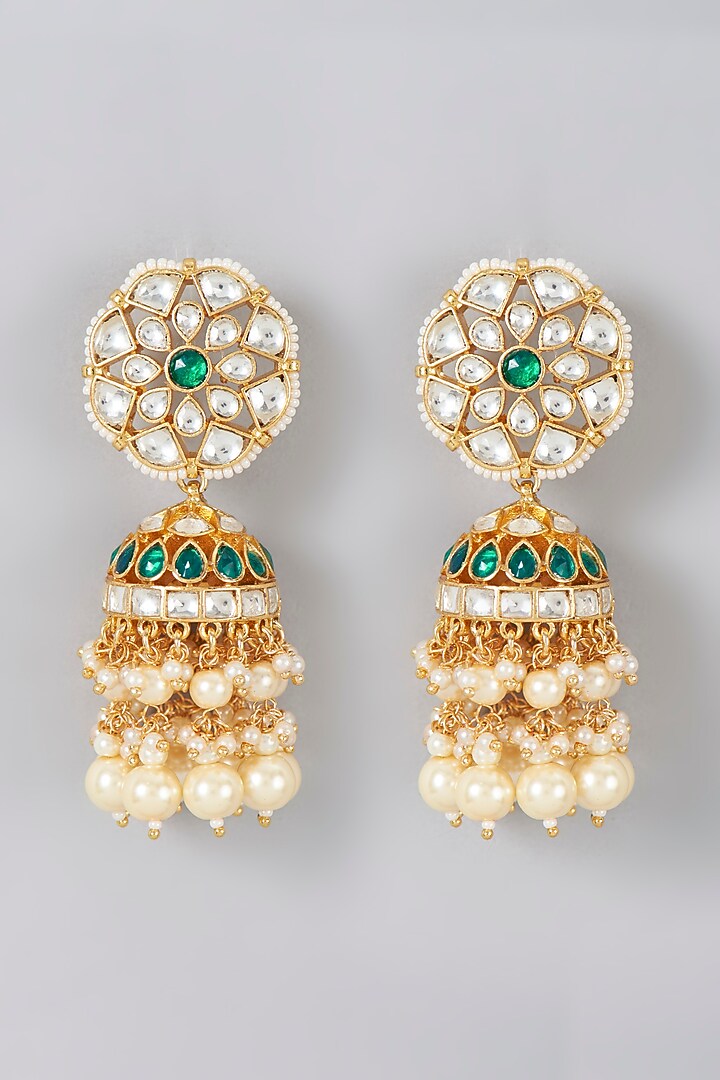 Gold Finish Kundan Polki & Pearl Dangler Earrings by VASTRAA Jewellery at Pernia's Pop Up Shop