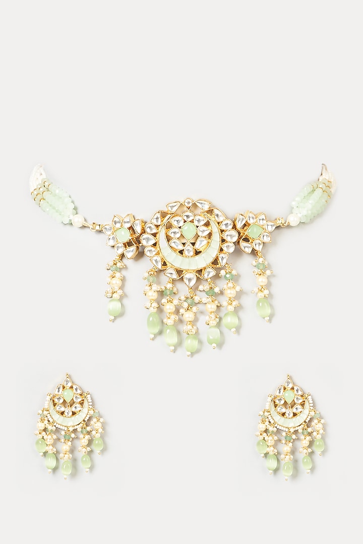 Gold Finish Pachi Kundan Polki & Turquoise Stone Choker Necklace Set by VASTRAA Jewellery at Pernia's Pop Up Shop