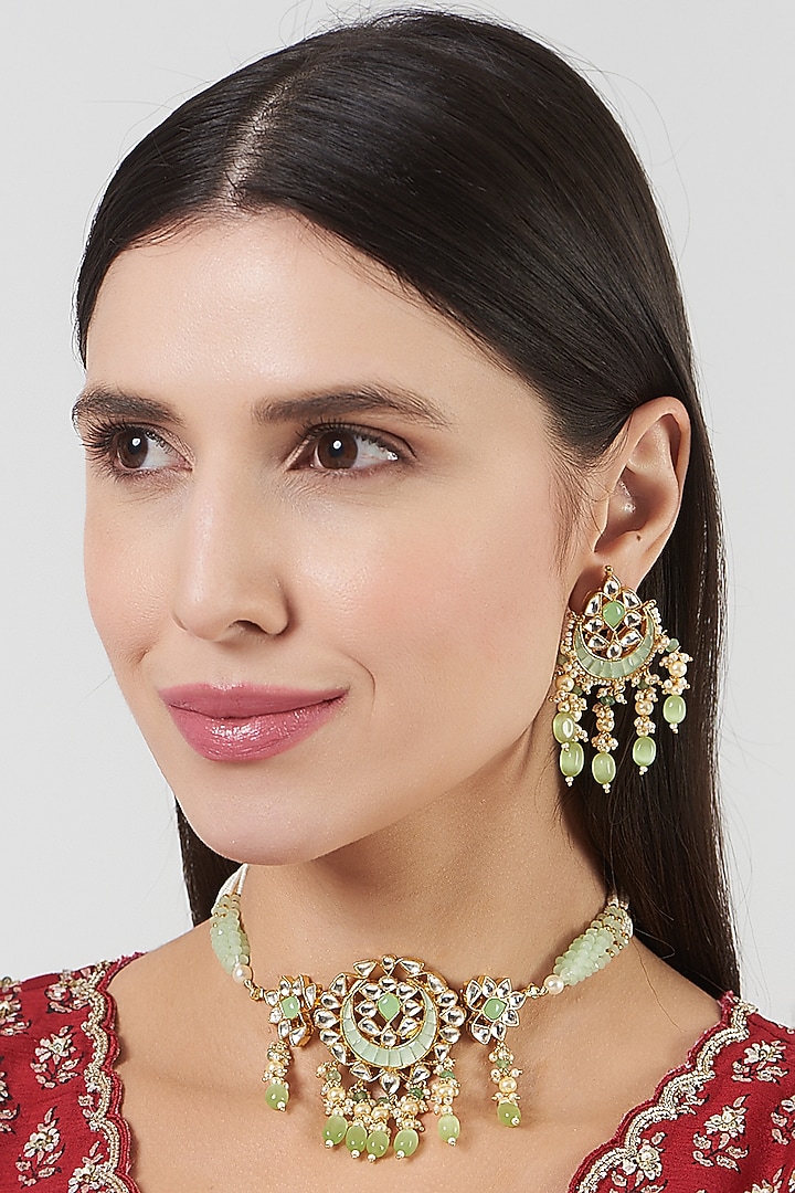 Gold Finish Pachi Kundan Polki & Turquoise Stone Choker Necklace Set by VASTRAA Jewellery at Pernia's Pop Up Shop
