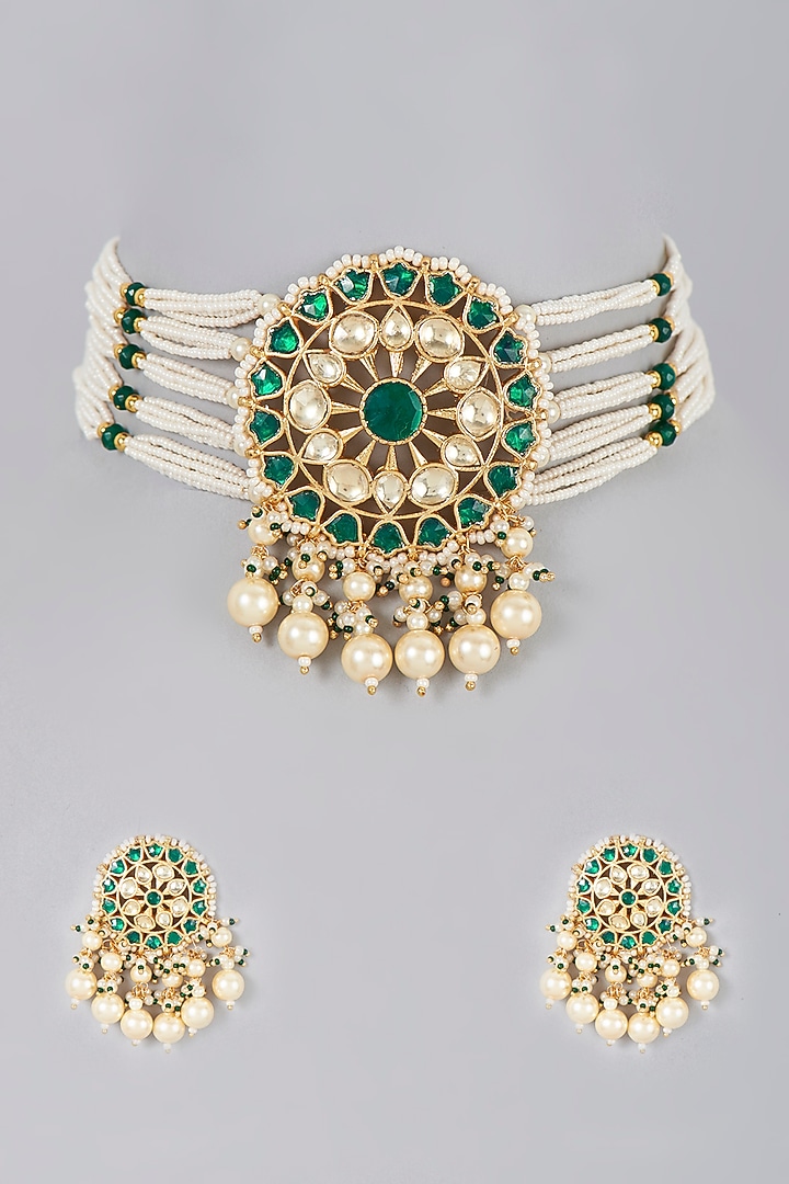 Gold Finish Kundan Polki & Pearl Drop Choker Necklace Set by VASTRAA Jewellery at Pernia's Pop Up Shop