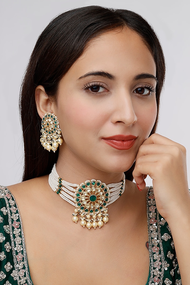 Gold Finish Kundan Polki & Pearl Drop Choker Necklace Set by VASTRAA Jewellery at Pernia's Pop Up Shop