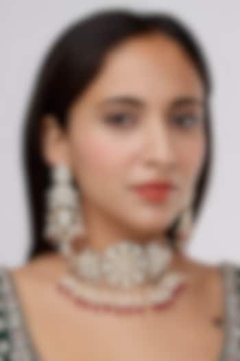 Gold Finish Kundan Polki & Red Drop Choker Necklace Set by VASTRAA Jewellery at Pernia's Pop Up Shop