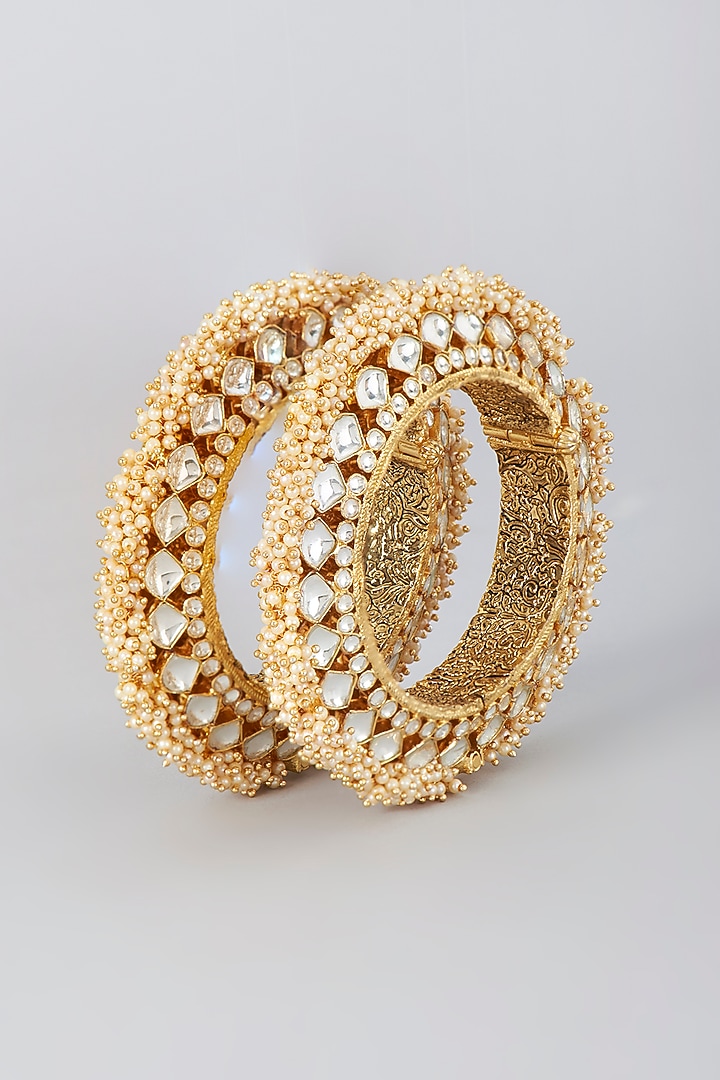 Gold Finish Peal Temple Bangles (Set Of 2) by VASTRAA Jewellery at Pernia's Pop Up Shop
