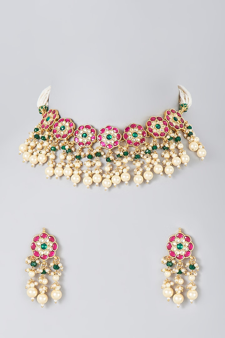 Gold Finish Kundan Polki & Pearl Choker Necklace Set by VASTRAA Jewellery at Pernia's Pop Up Shop