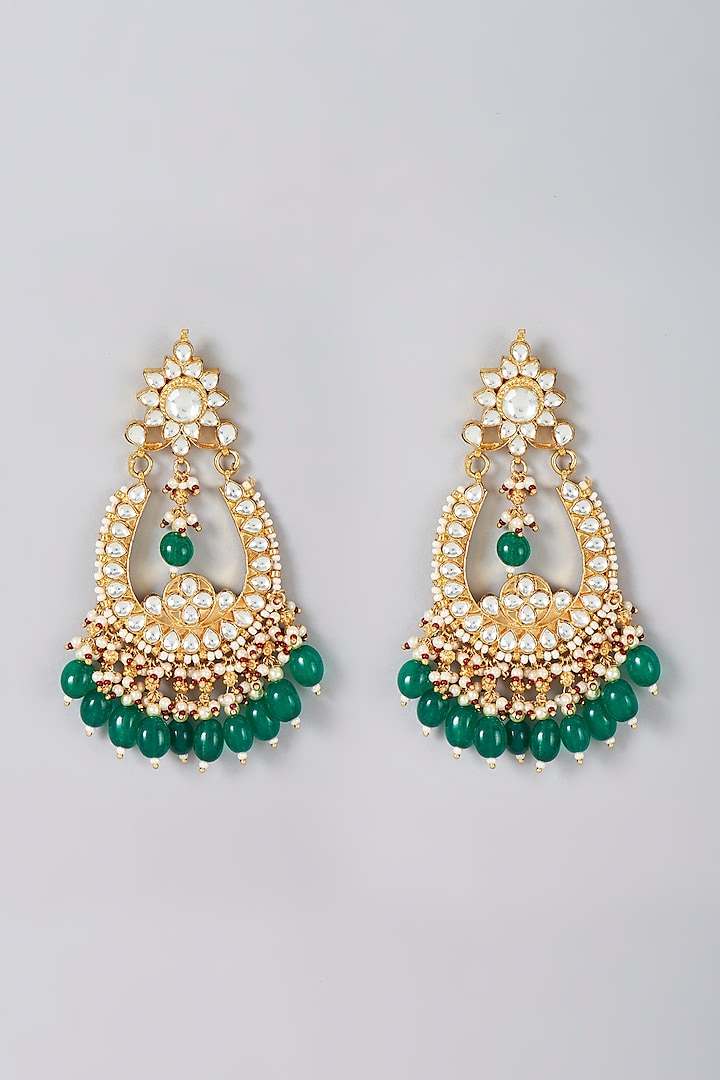 Gold Finish Kundan Polki & Green Beads Earrings by VASTRAA Jewellery