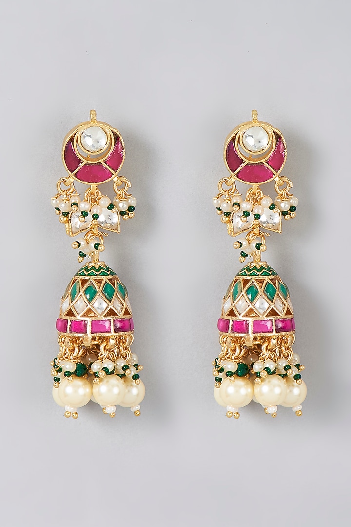 Gold Finish Kundan Polki & Pearl Dangler Earrings by VASTRAA Jewellery at Pernia's Pop Up Shop
