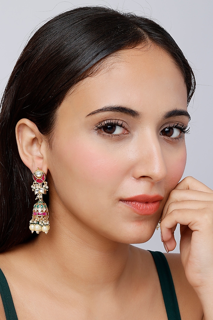 Gold Finish Kundan Polki & Pearl Dangler Earrings by VASTRAA Jewellery at Pernia's Pop Up Shop