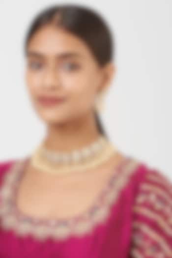 Gold Finish Pachi Kundan Polki & Pearl Choker Necklace Set by VASTRAA Jewellery at Pernia's Pop Up Shop