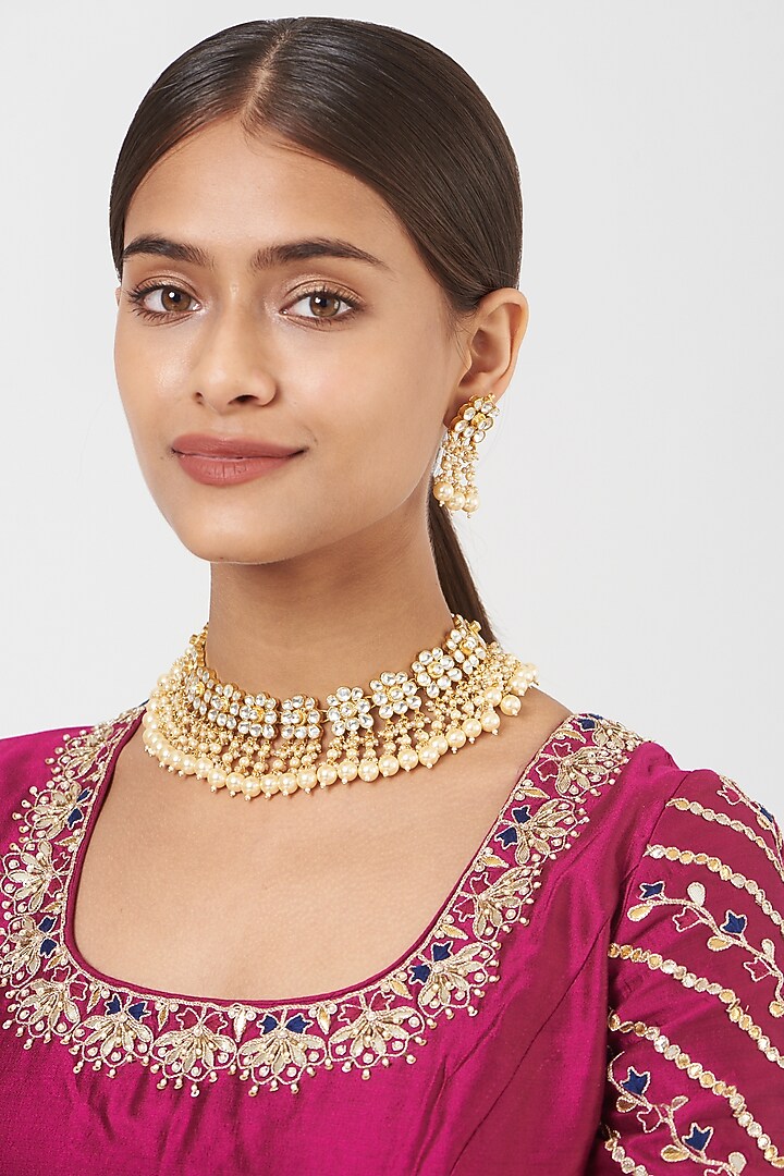 Gold Finish Pachi Kundan Polki & Pearl Choker Necklace Set by VASTRAA Jewellery at Pernia's Pop Up Shop