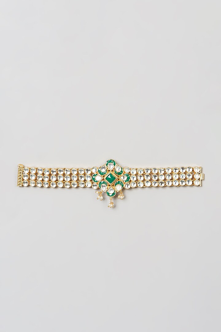 Gold Finish Pachi Kundan Polki & Green Stone Bracelet by VASTRAA Jewellery at Pernia's Pop Up Shop