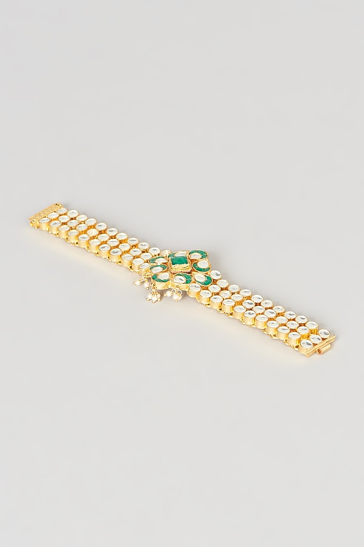Gold Finish Pachi Kundan Polki & Green Stone Bracelet by VASTRAA Jewellery at Pernia's Pop Up Shop