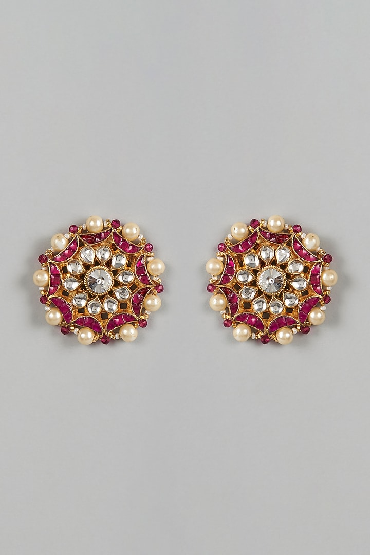 Gold Finish Kundan Polki & Red Stone Stud Earrings by VASTRAA Jewellery at Pernia's Pop Up Shop