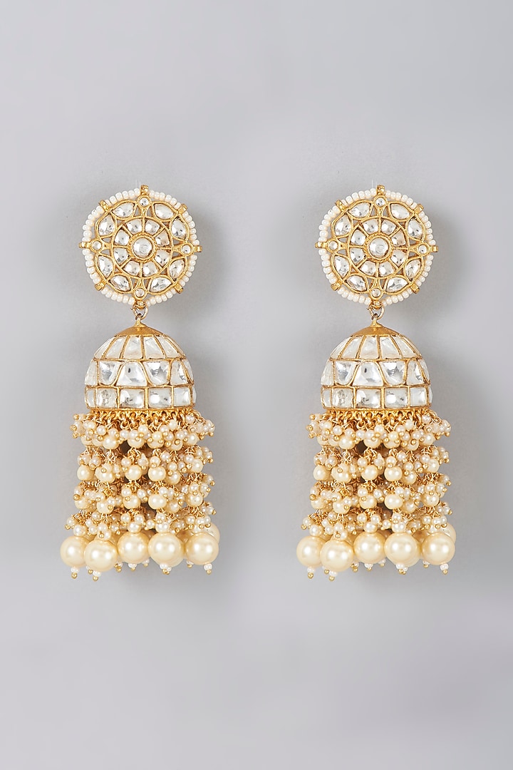 Gold Finish Pearl & Kundan Polki Dangler Earrings by VASTRAA Jewellery at Pernia's Pop Up Shop