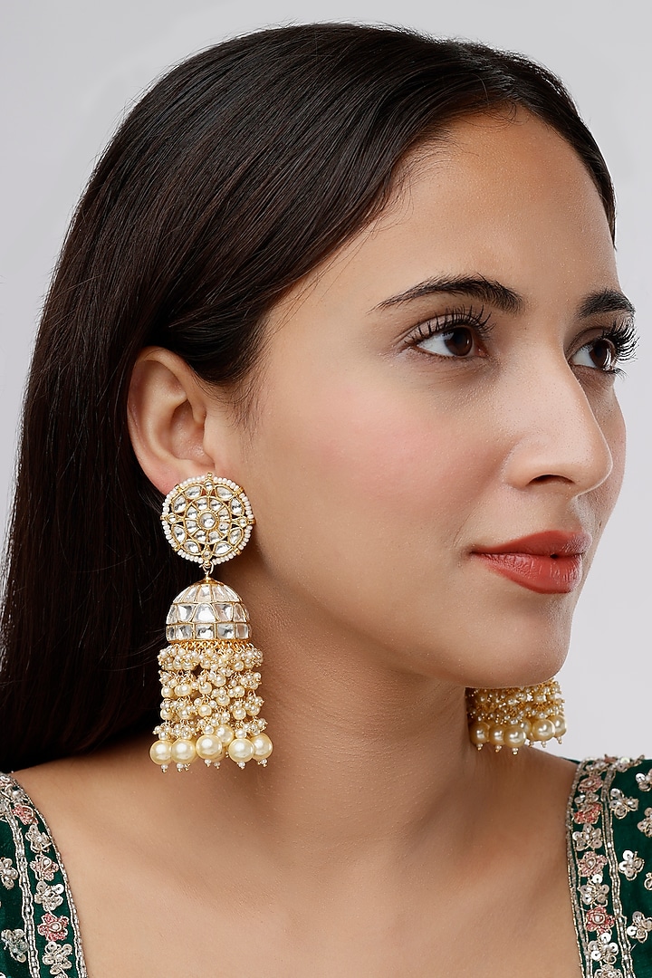 Gold Finish Pearl & Kundan Polki Dangler Earrings by VASTRAA Jewellery at Pernia's Pop Up Shop