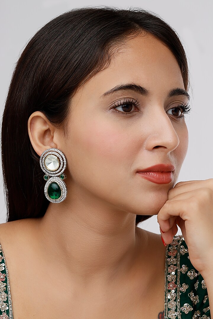 Two Tone Finish Zircon & Kundan Polki Dangler Earrings by VASTRAA Jewellery at Pernia's Pop Up Shop