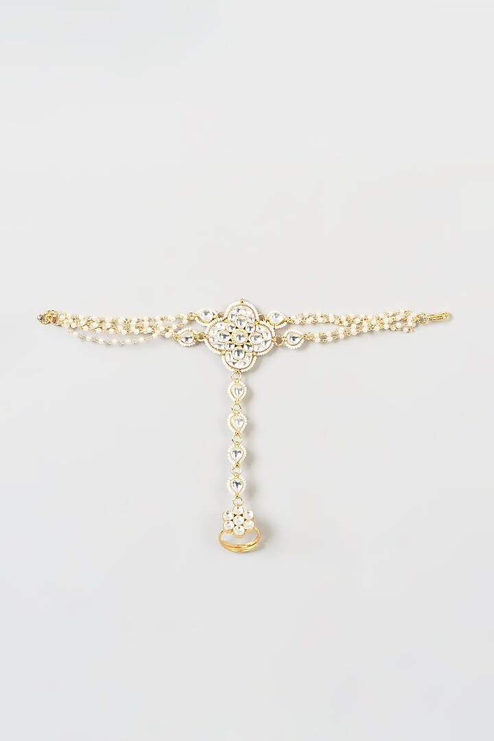 Gold Finish Kundan Polki Hathphool (Set Of 2) by VASTRAA Jewellery at Pernia's Pop Up Shop