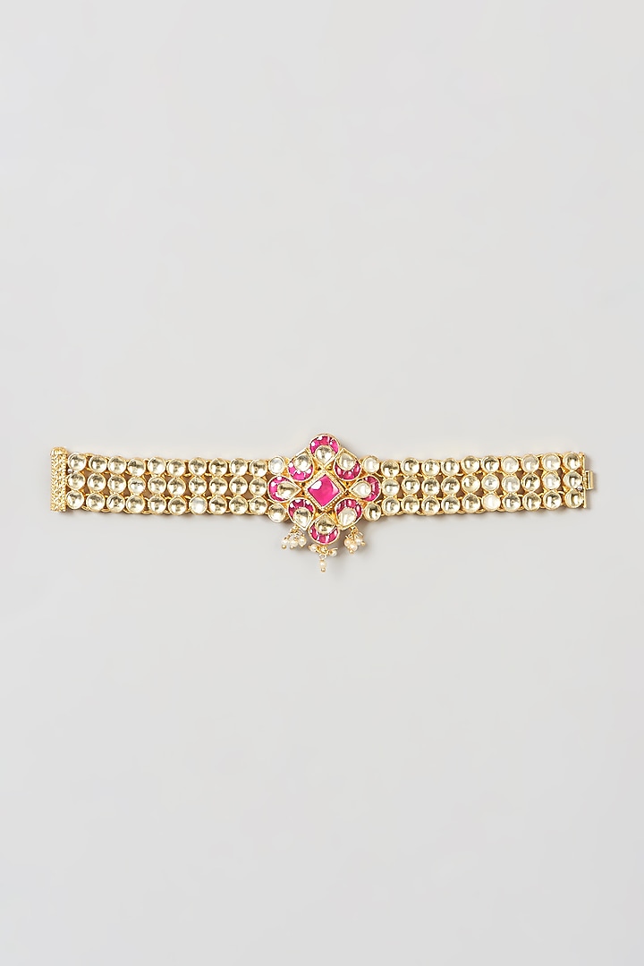 Gold Finish Red Stone & Pearl Bracelet by VASTRAA Jewellery at Pernia's Pop Up Shop