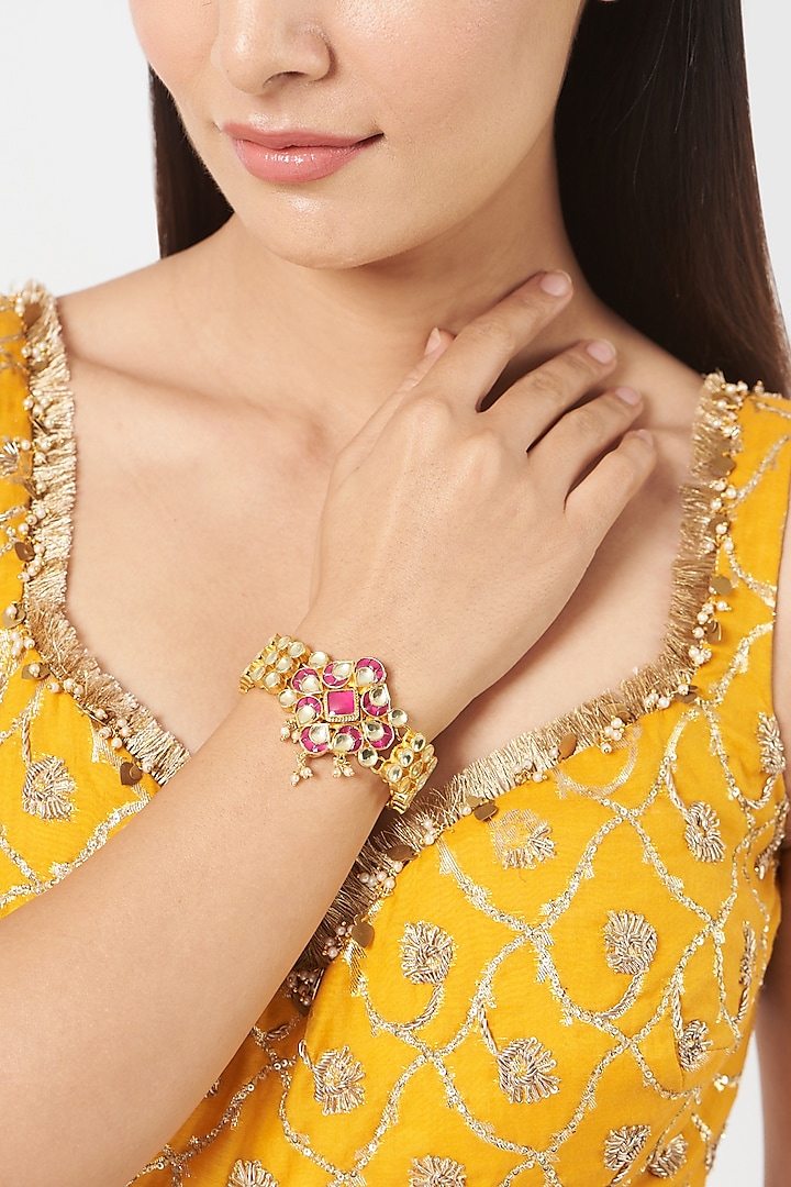 Gold Finish Red Stone & Pearl Bracelet by VASTRAA Jewellery