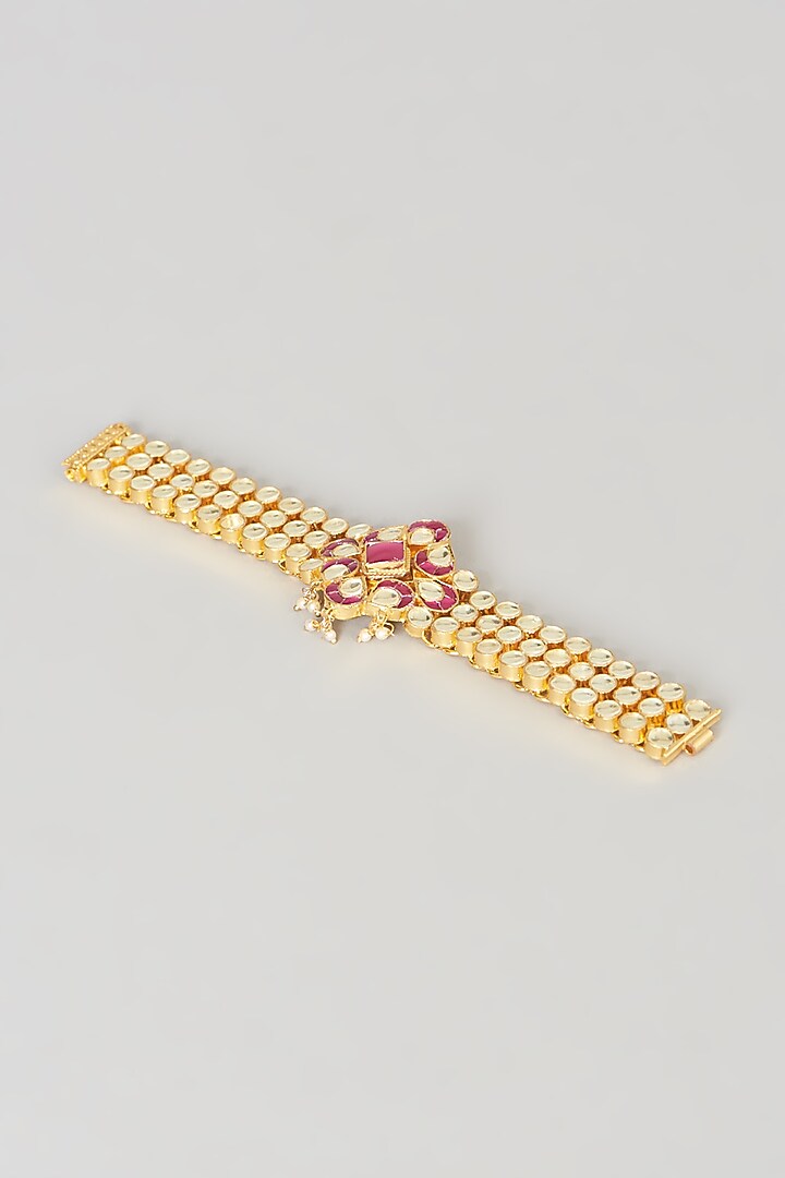 Gold Finish Red Stone & Pearl Bracelet by VASTRAA Jewellery at Pernia's Pop Up Shop