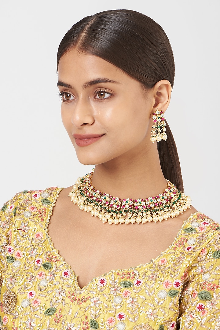 Gold Finish Pearl & Pachi Kundan Polki Choker Necklace Set by VASTRAA Jewellery at Pernia's Pop Up Shop