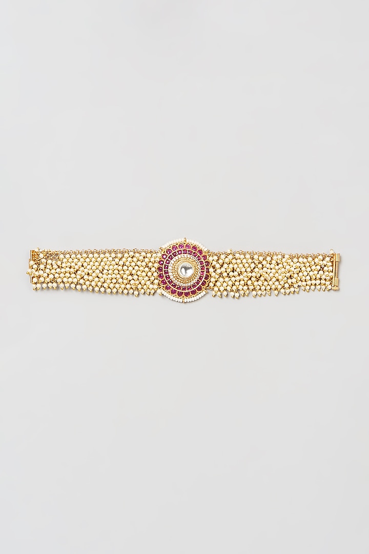 Gold Finish Pachi Kundan Polki & Red Stone Bracelet by VASTRAA Jewellery at Pernia's Pop Up Shop