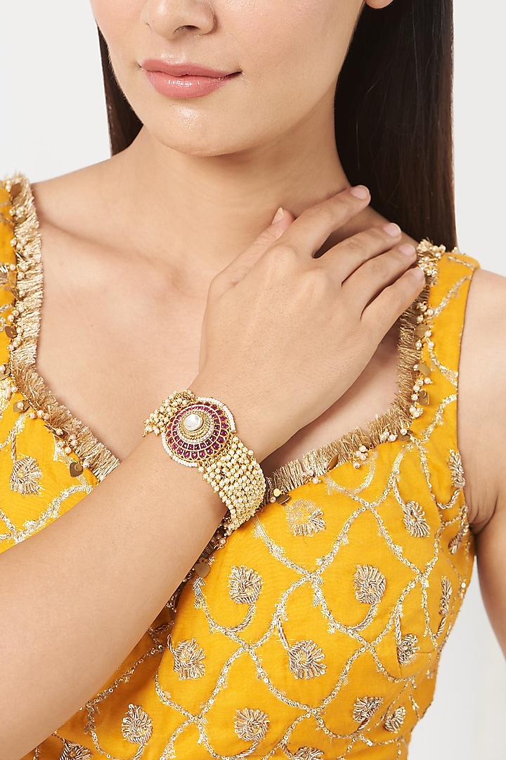 Gold Finish Pachi Kundan Polki & Red Stone Bracelet by VASTRAA Jewellery