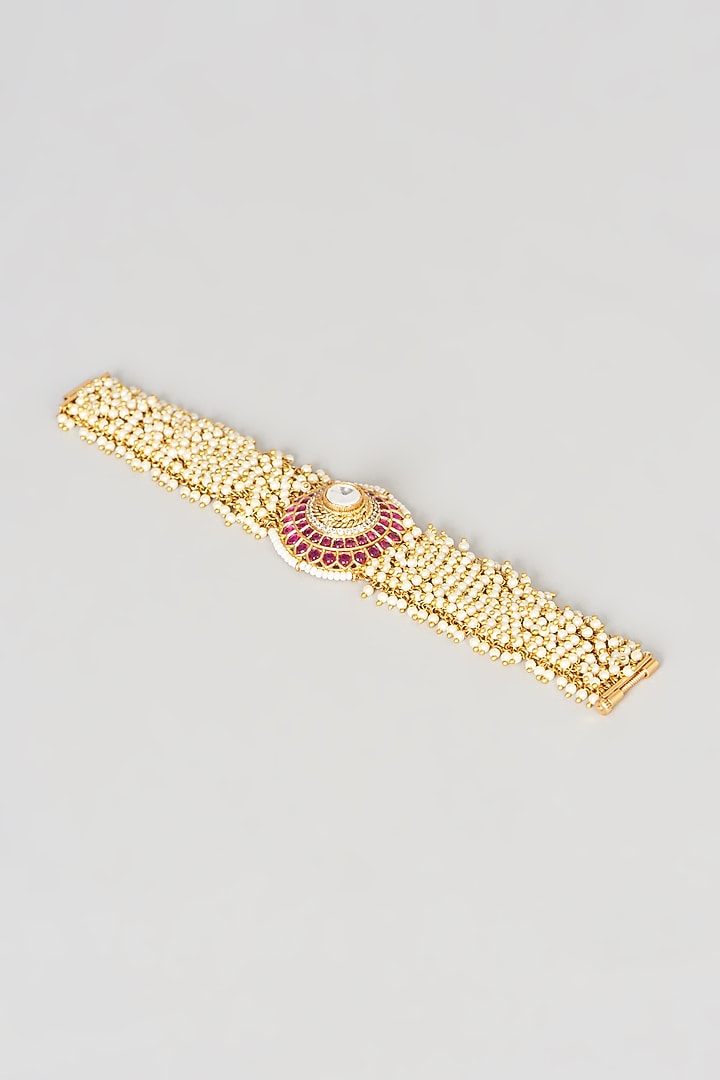 Gold Finish Pachi Kundan Polki & Red Stone Bracelet by VASTRAA Jewellery at Pernia's Pop Up Shop