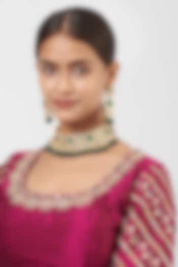 Gold Finish Pachi Kundan Polki & Green Stone Choker Necklace Set by VASTRAA Jewellery at Pernia's Pop Up Shop