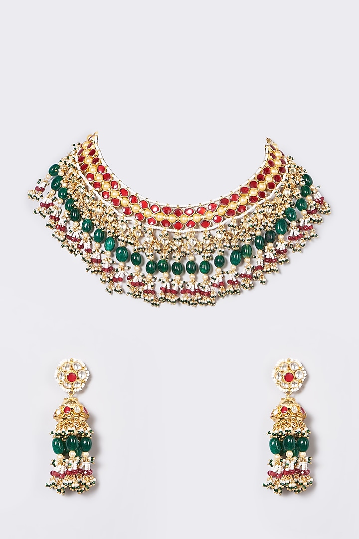 Gold Finish Pachi Kundan Polki & Zircons Choker Necklace Set by VASTRAA Jewellery at Pernia's Pop Up Shop