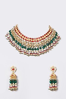Gold Finish Pachi Kundan Polki & Zircons Necklace Set by VASTRAA Jewellery-POPULAR PRODUCTS AT STORE