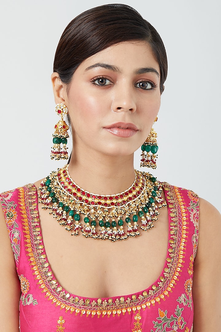 Gold Finish Pachi Kundan Polki & Zircons Choker Necklace Set by VASTRAA Jewellery
