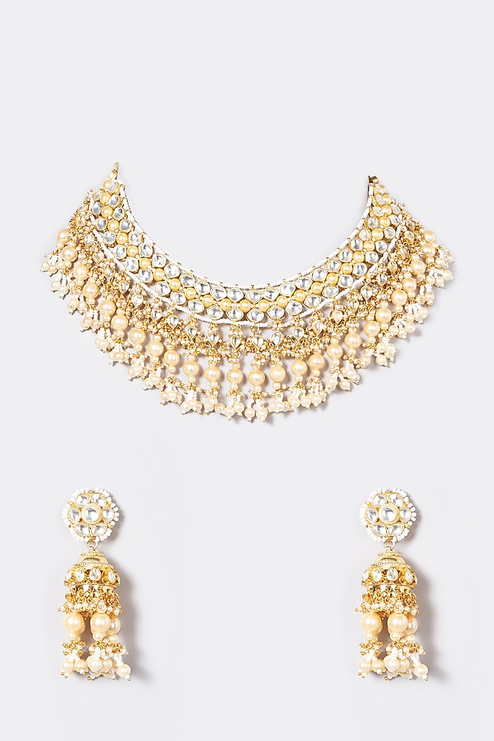 Gold Finish Zircons & Pachi Kundan Polki Choker Necklace Set by VASTRAA Jewellery at Pernia's Pop Up Shop