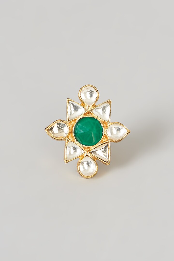 Gold Finish Pachi Kundan Polki & Green Stone Ring by VASTRAA Jewellery at Pernia's Pop Up Shop