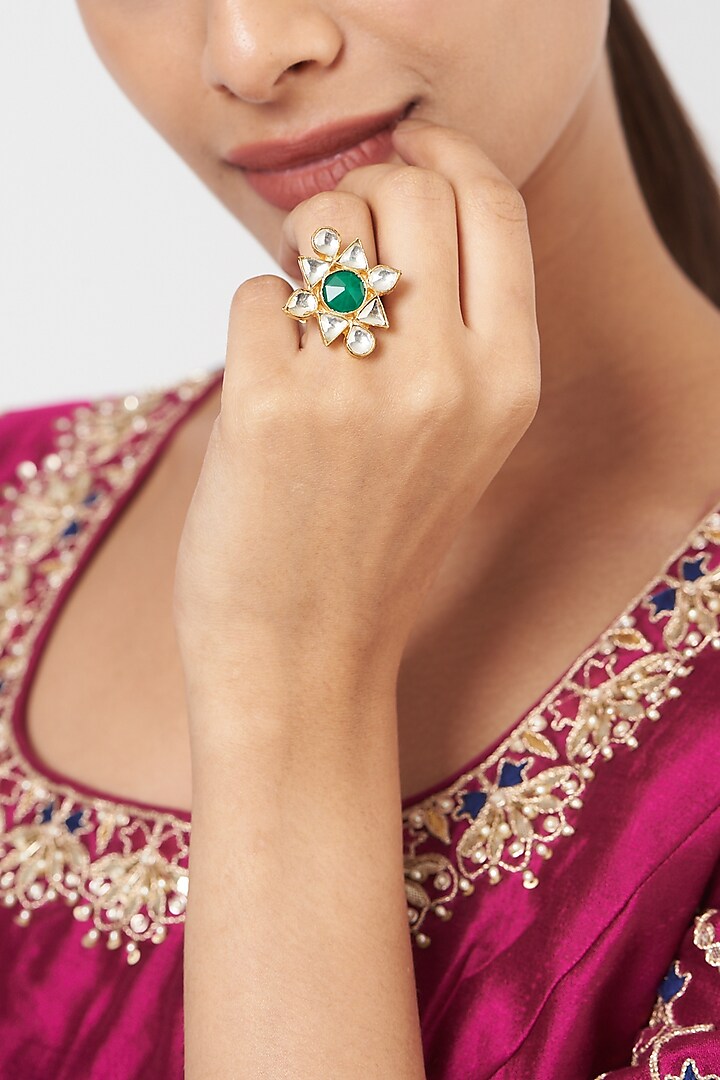 Gold Finish Pachi Kundan Polki & Green Stone Ring by VASTRAA Jewellery
