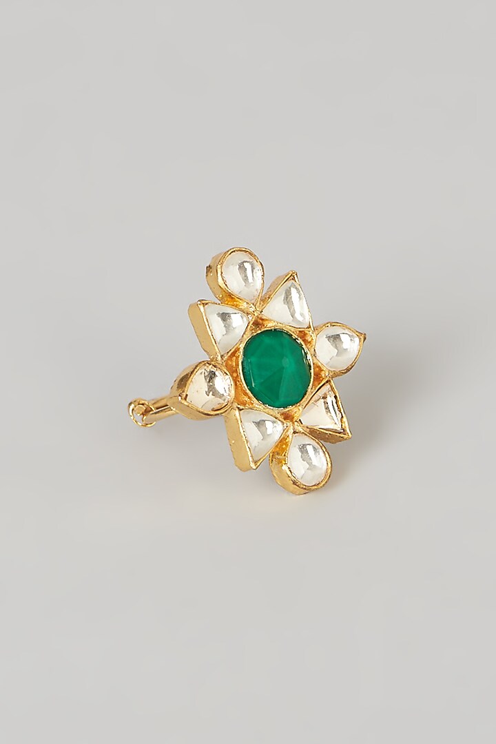 Gold Finish Pachi Kundan Polki & Green Stone Ring by VASTRAA Jewellery at Pernia's Pop Up Shop