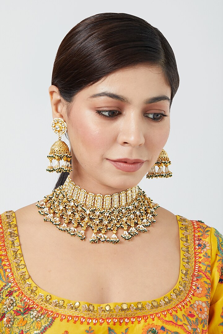 Gold Finish Necklace Set With Pachi Kundan Polki by VASTRAA Jewellery at Pernia's Pop Up Shop