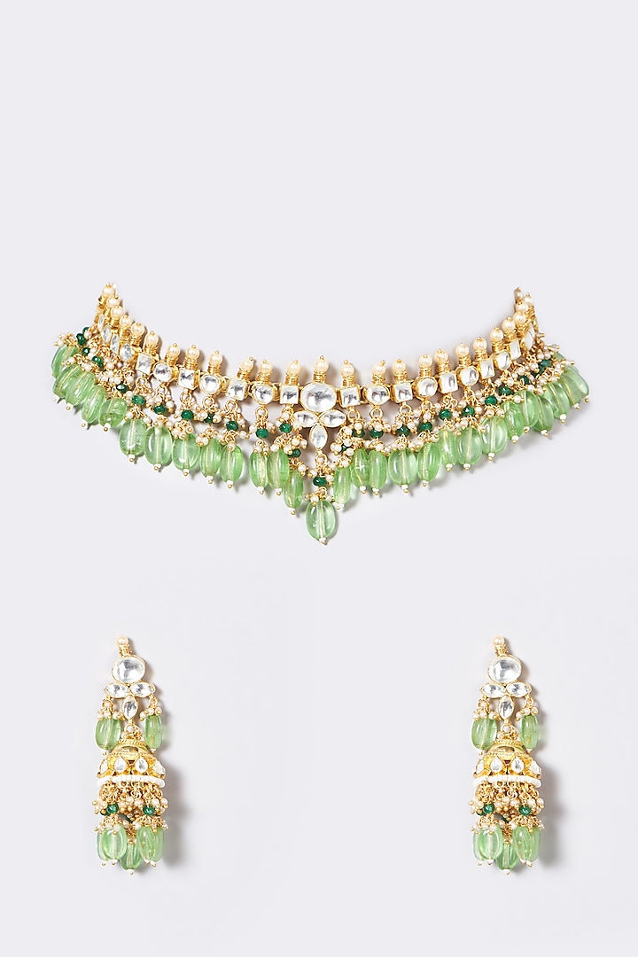Gold Finish Emerald Synthetic Stones Necklace Set by VASTRAA Jewellery