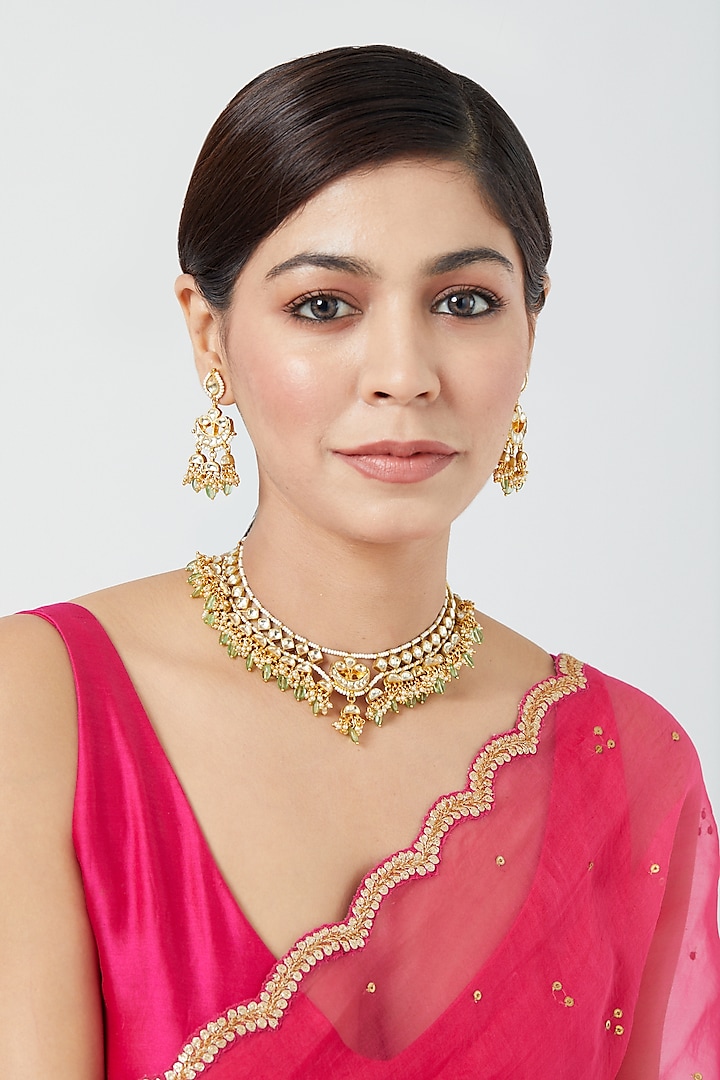 Gold Finish Zircon & Pachi Kundan Polki Choker Necklace Set  by VASTRAA Jewellery
