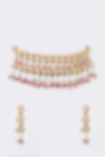 Gold Finish Pink Synthetic Stone & Pachi Kundan Polki Choker Necklace Set by VASTRAA Jewellery