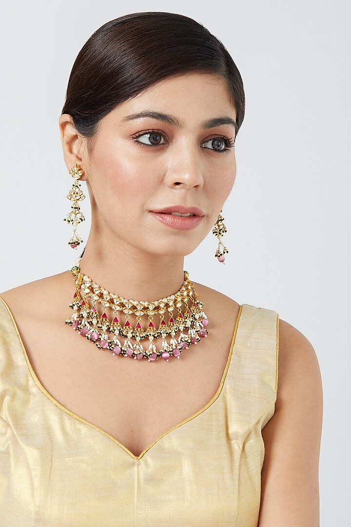 Gold Finish Pink Synthetic Stone & Pachi Kundan Polki Choker Necklace Set by VASTRAA Jewellery at Pernia's Pop Up Shop