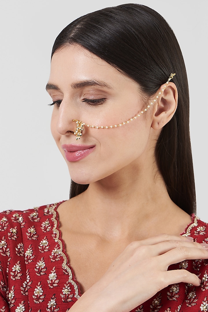 Gold Finish Pachi Kundan Polki Nose Ring by VASTRAA Jewellery