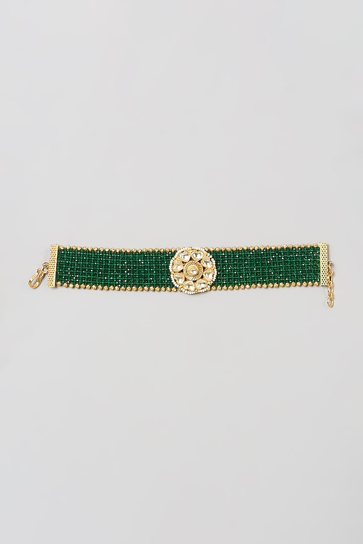 Gold Finish Pachi Kundan Polki & Green Stone Bracelet by VASTRAA Jewellery at Pernia's Pop Up Shop